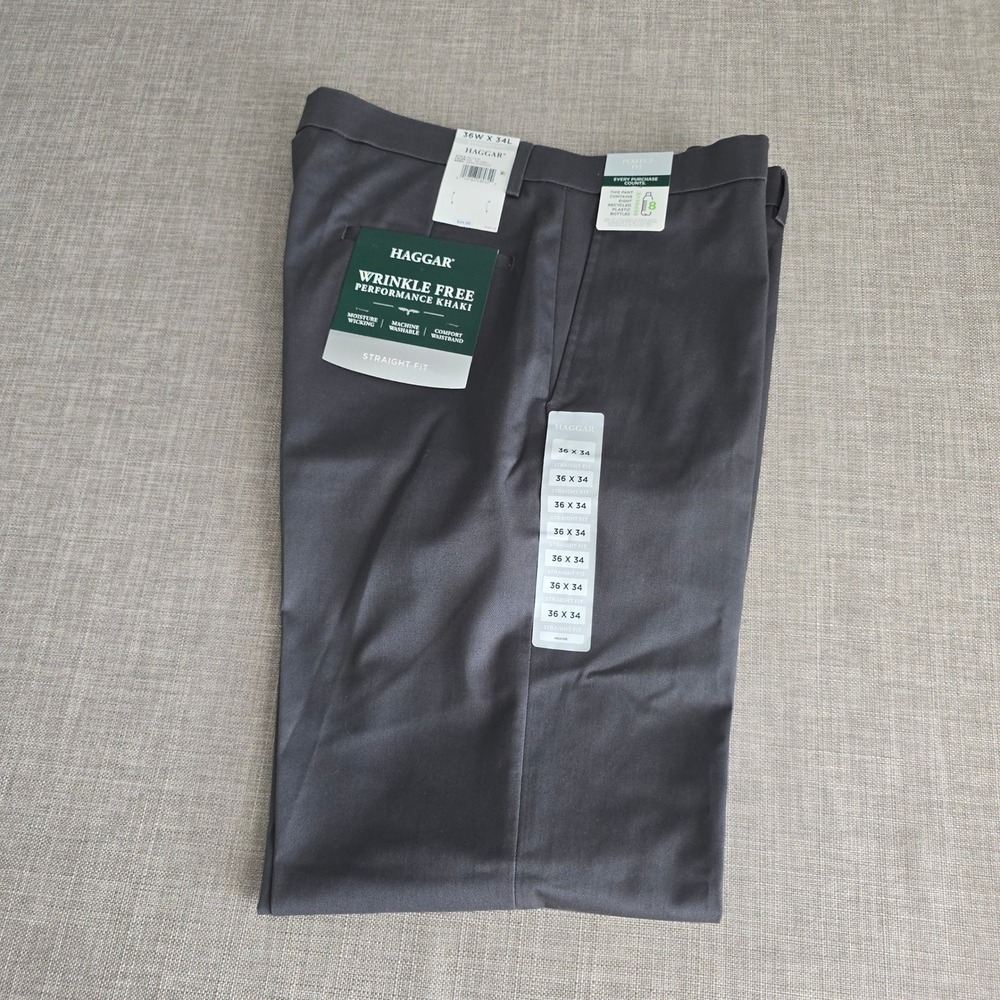 Haggar Mens Wrinkle Free Performance Khaki Pants Dark Grey 36x34 Straight Fit